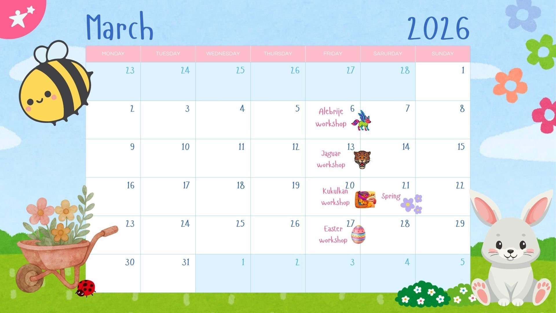 Azul Verde y Rosa Primavera Ilustrado Marzo Calendario