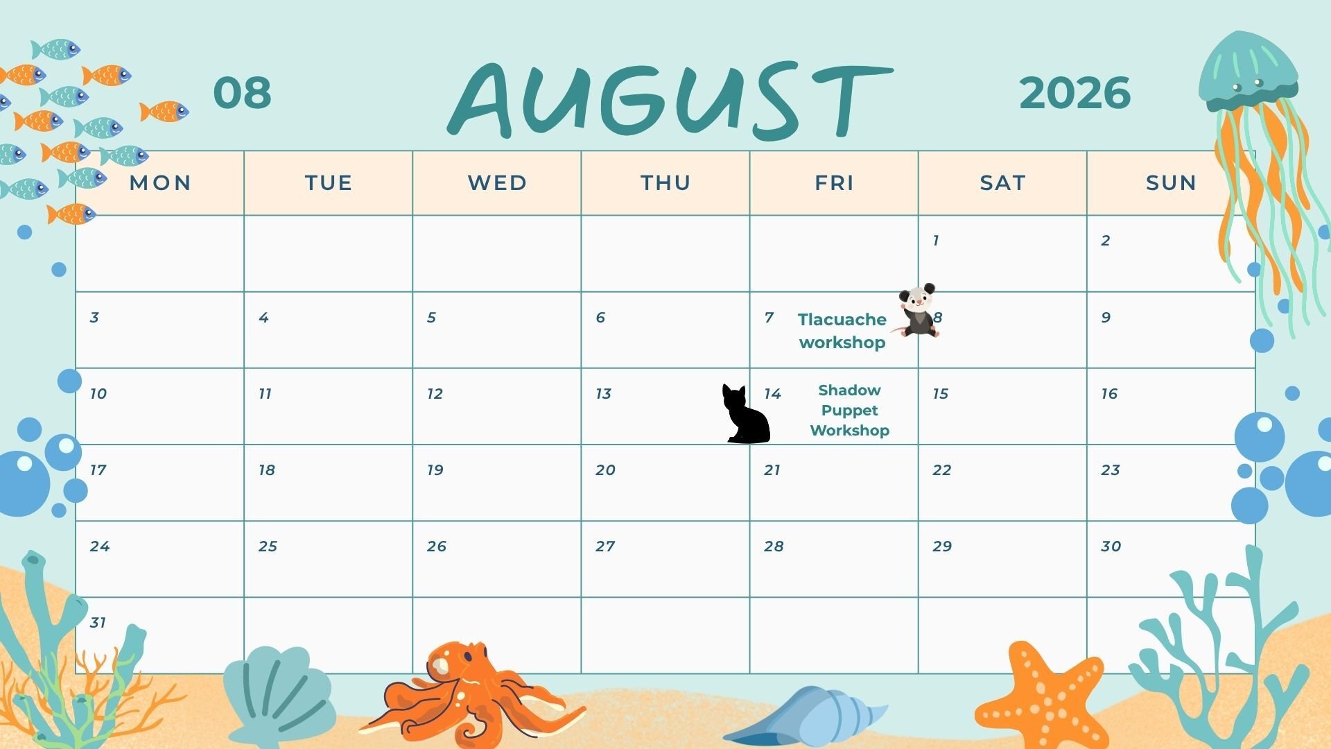 Blue Orange Illustrated Ocean August Calendar Blue Orange Illustrated Ocean August Calendar