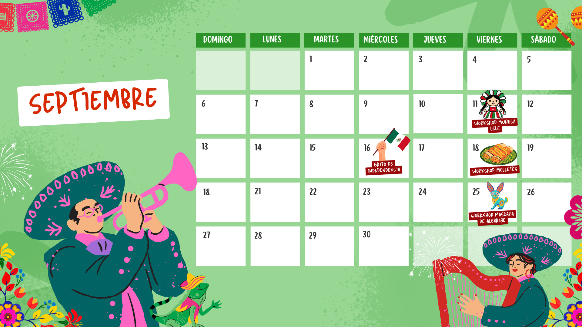 Calendario de festividades mexicanas septiembre 2026 ilustrado colorido Calendario de festividades mexicanas septiembre 2026 ilustrado colorido