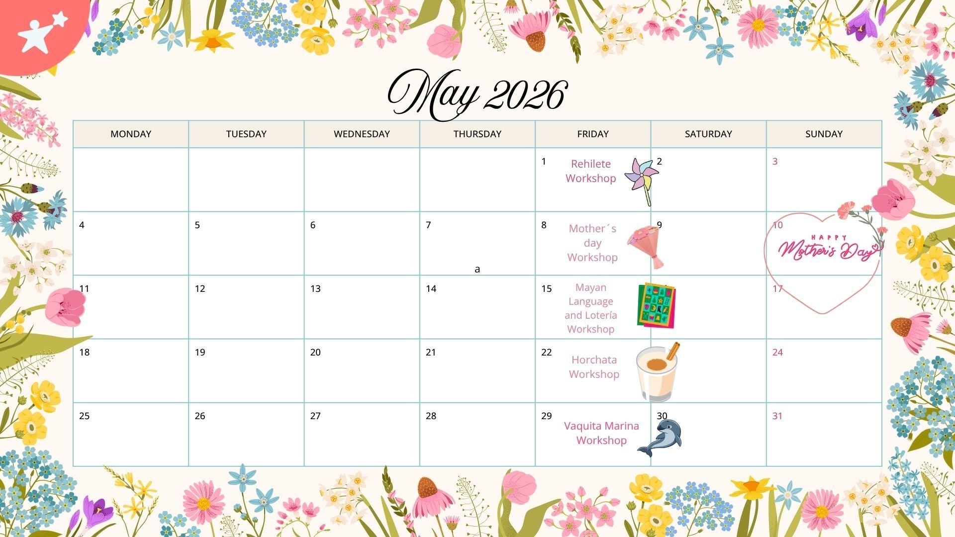 Colorful Illustrated Floral May 2026 Monthly Planner Calendar