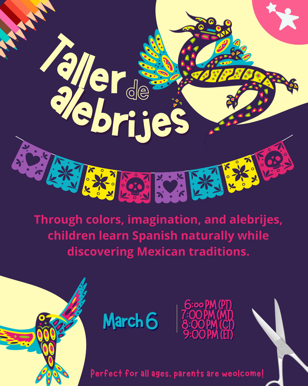 Flyer de Taller de alebrijes Día de Muertos ilustrado divertido colorido (Post de Instagram (45))